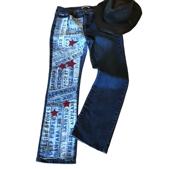 1970s Rock Band Patchwork Jeans, Size 12: Upcycled Bleached Band Patches & Stars - Picture 1 of 12
